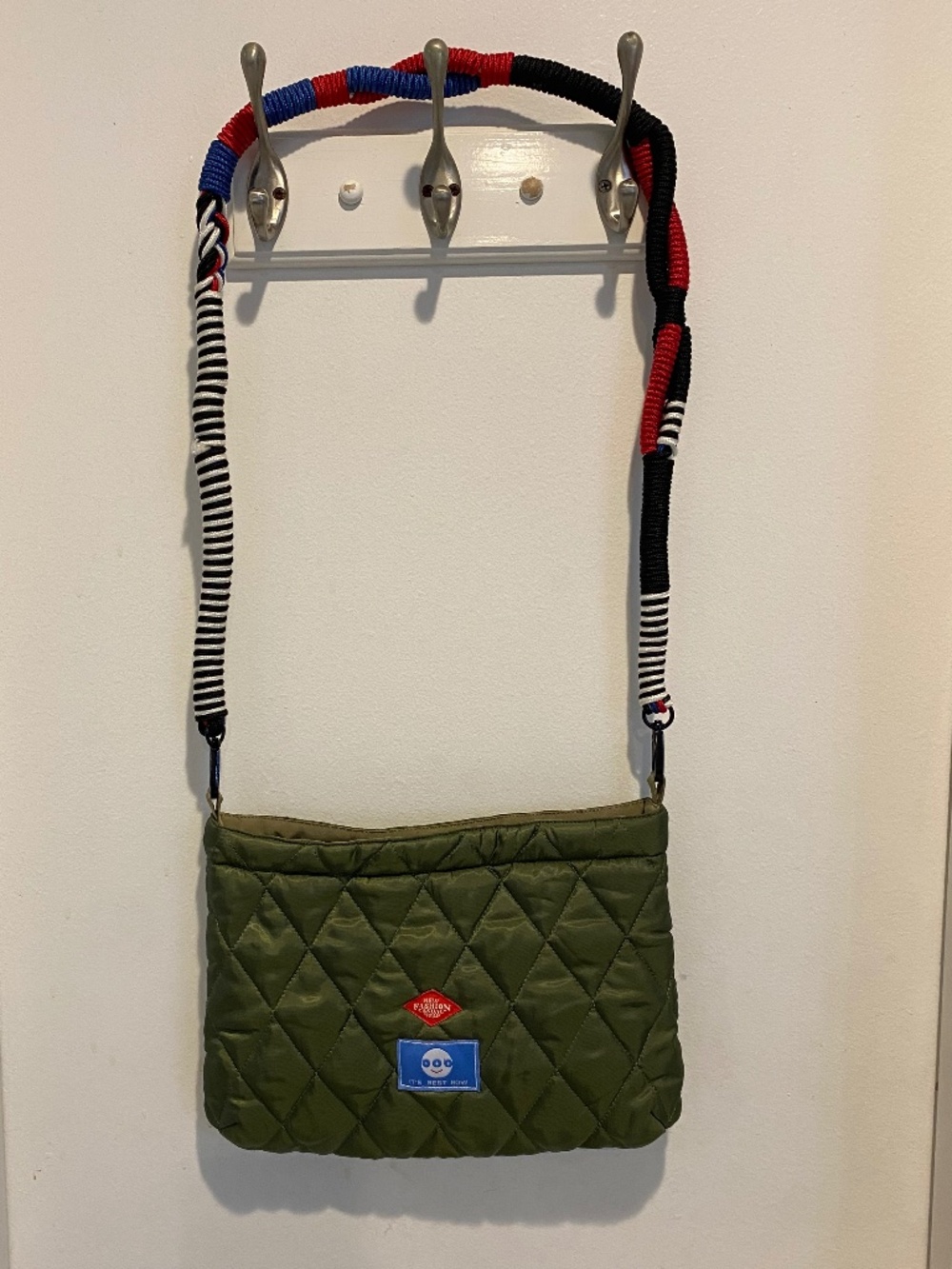 Cute Quilted Olive Green Crossbody Bag with Colorful Rope Strap